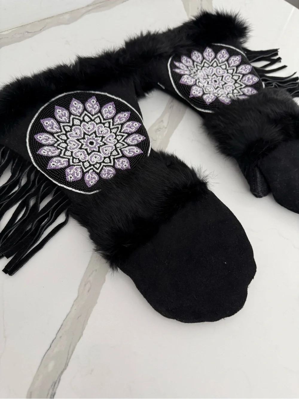 Astis Peary Long Cuff Suede Beaded Mittens NWT